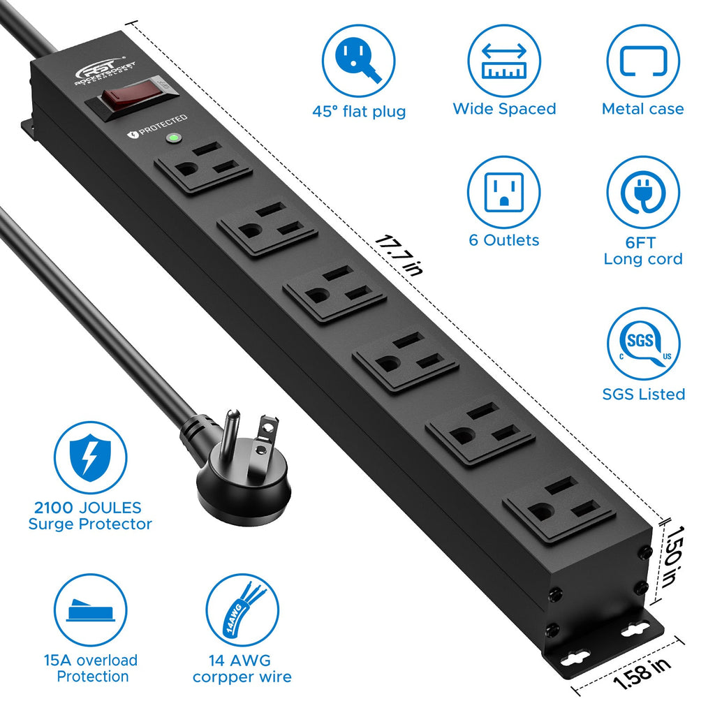 CRST 6 Outlets Wide Spaced Mountable Metal Power Strip Surge Protector, 2100 Joules Protection, Easy Mounting