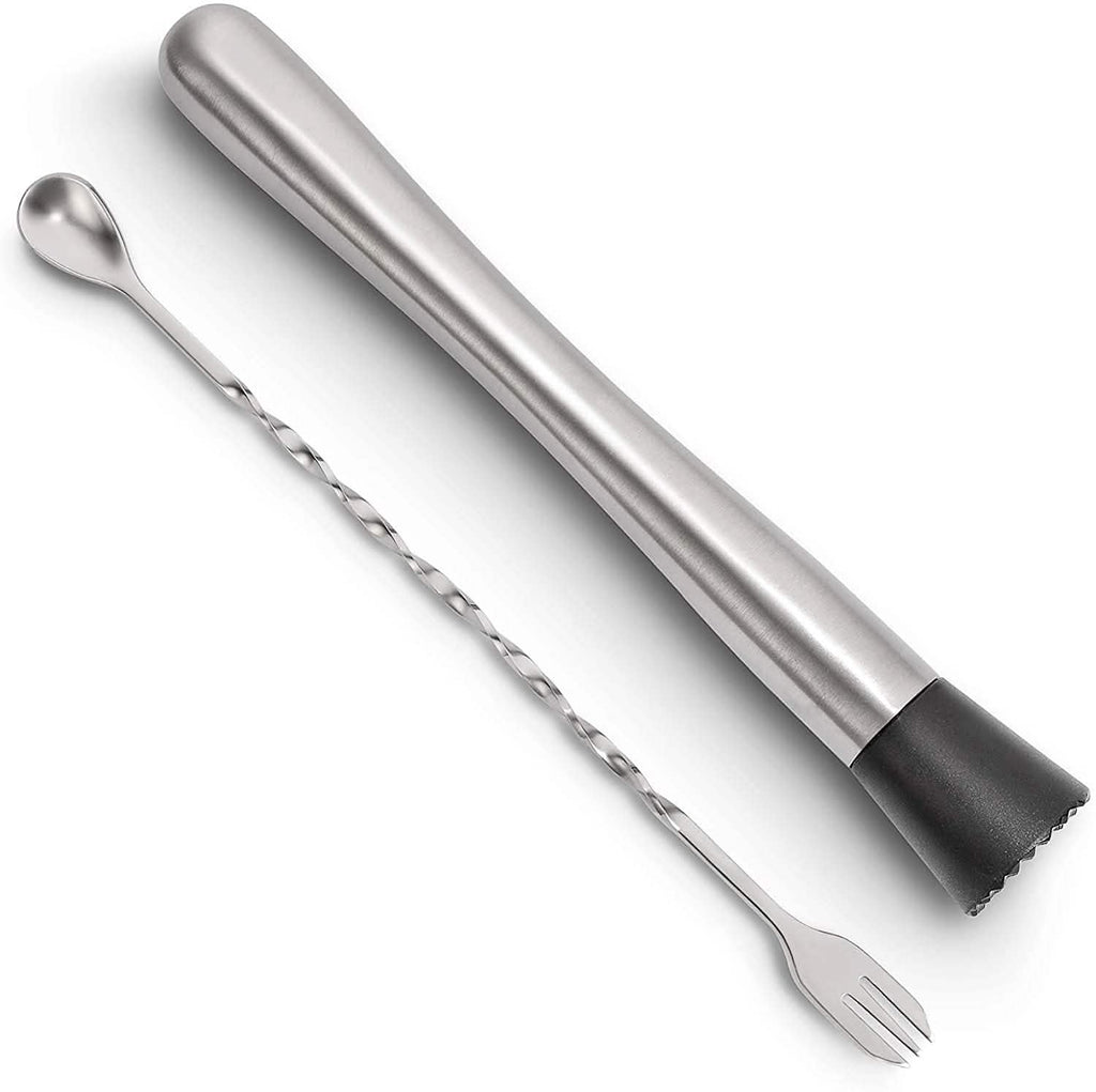 2-Piece Set: Hiware 10 Inch Stainless Steel Cocktail Muddler and Mixing Spoon Home Bar Tool Set