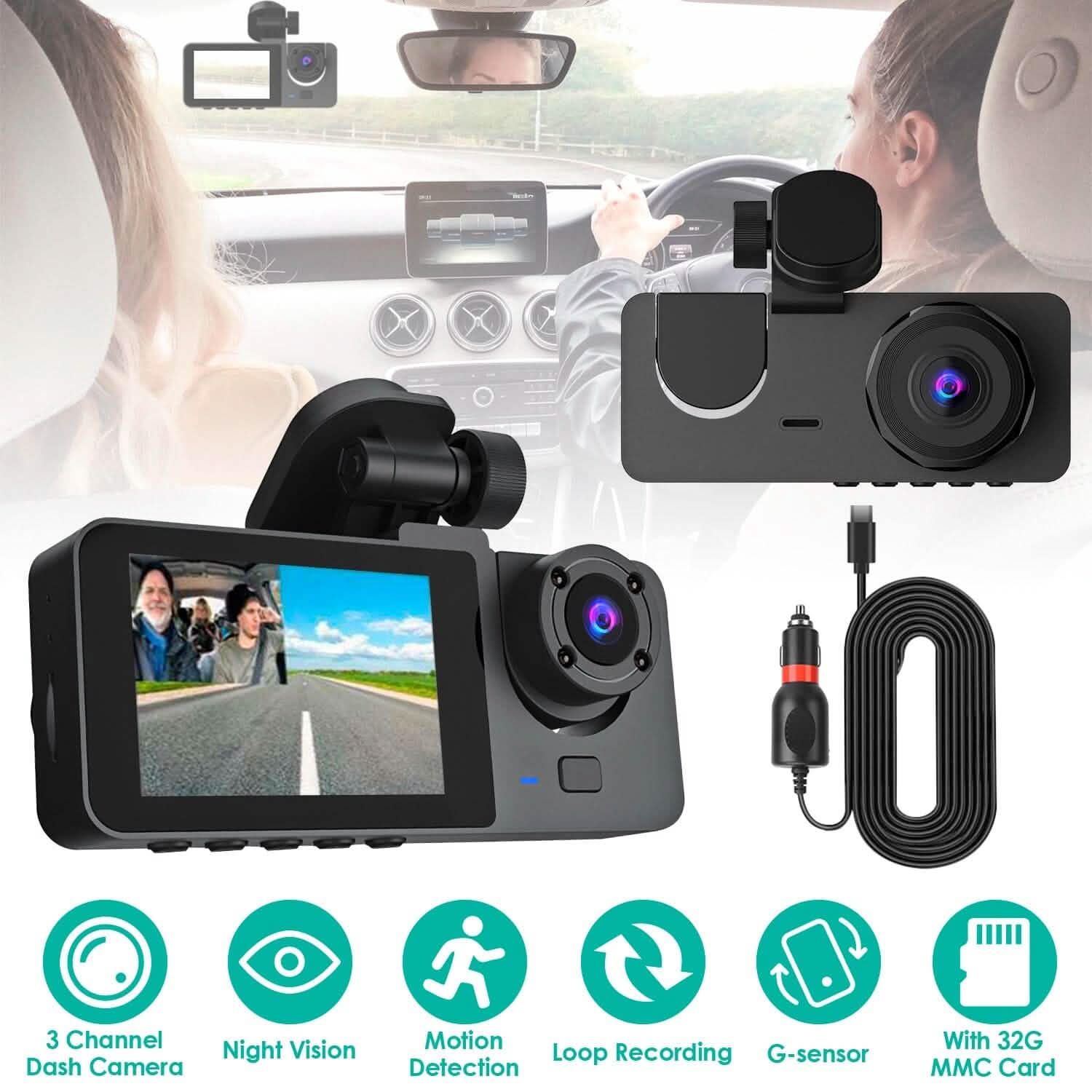 3 Channel Dash Cam Front Inside Rear Vehicle Driving Recorder Car DVR