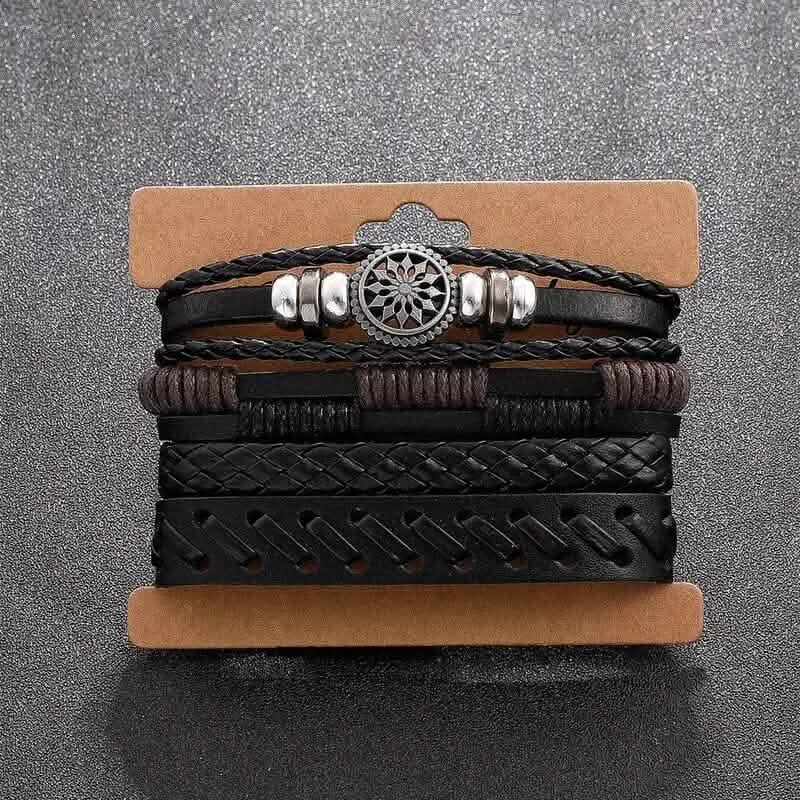 4-Piece Set: Exquisite Vintage-Style PU Leather Woven Handmade Charm Bracelets for Men