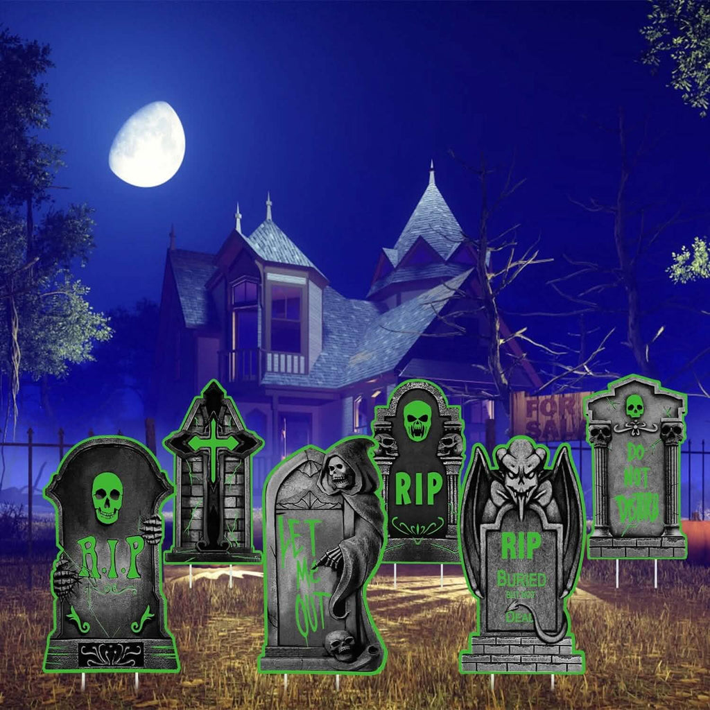 6-Pieces: Glow in the Dark Halloween Yard Sign Decorations with 12 Stakes