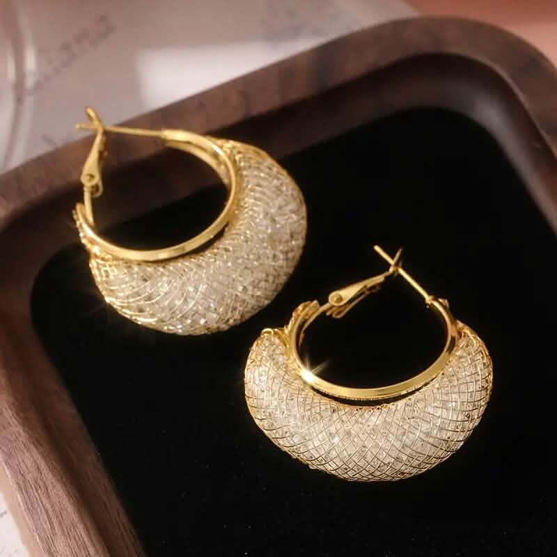 Elegant Crescent Mesh Hoop Earrings with Sparkling Cubic Zirconia