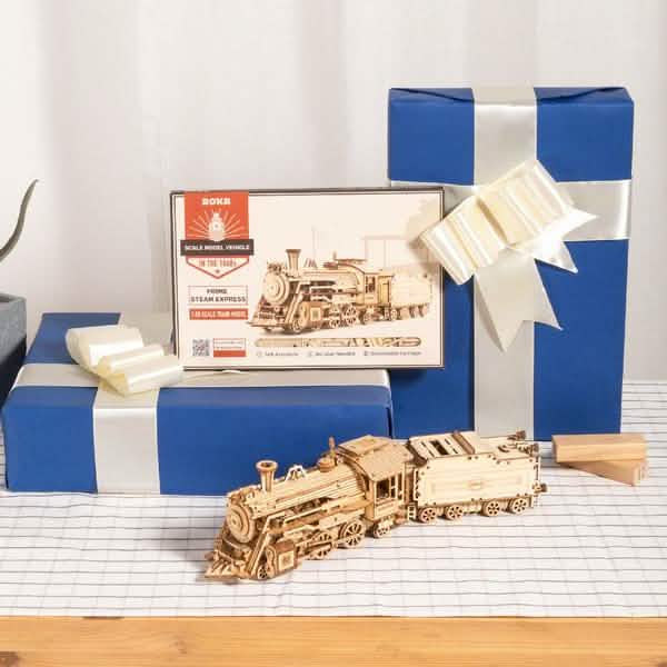 Robotime 308pcs DIY Movable 3D Prime Steam Train Wooden Puzzle Model Toy