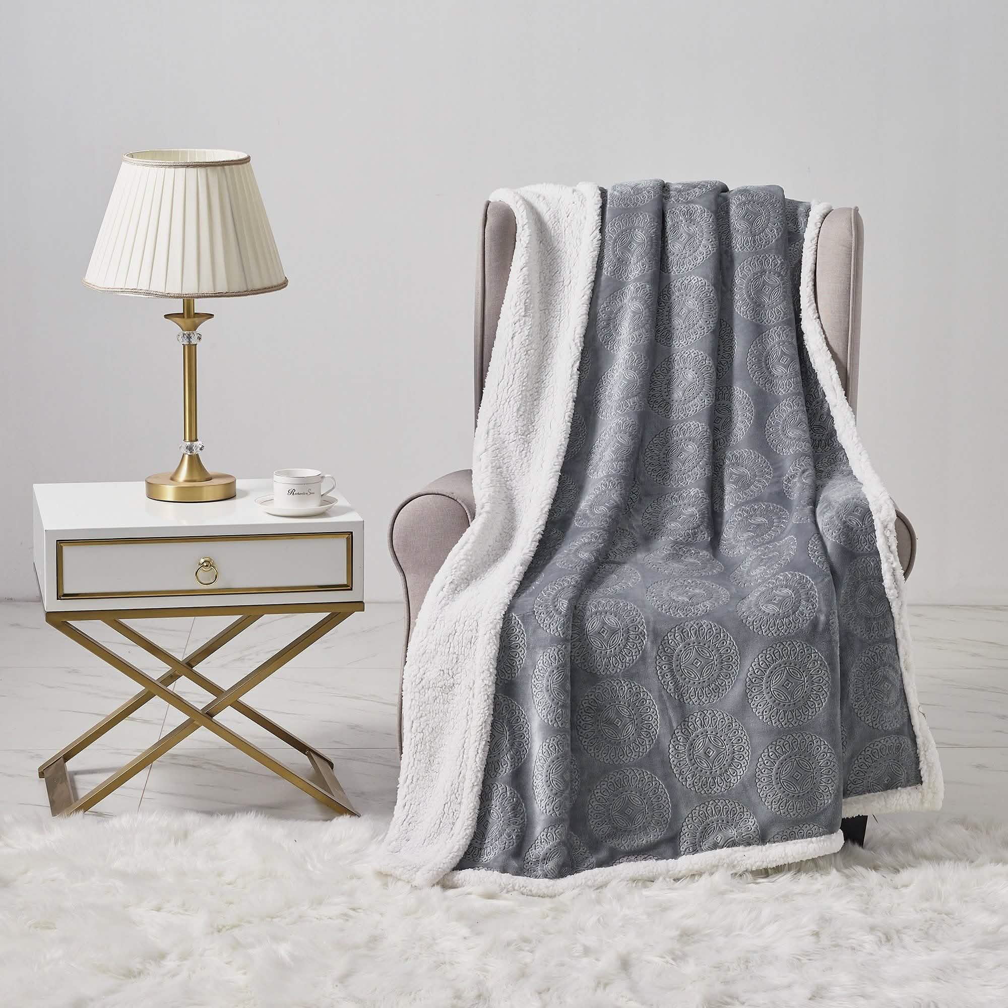 Sheradian Embossed Print Fleece/Caesar Sherpa Reversible Throw Blanket