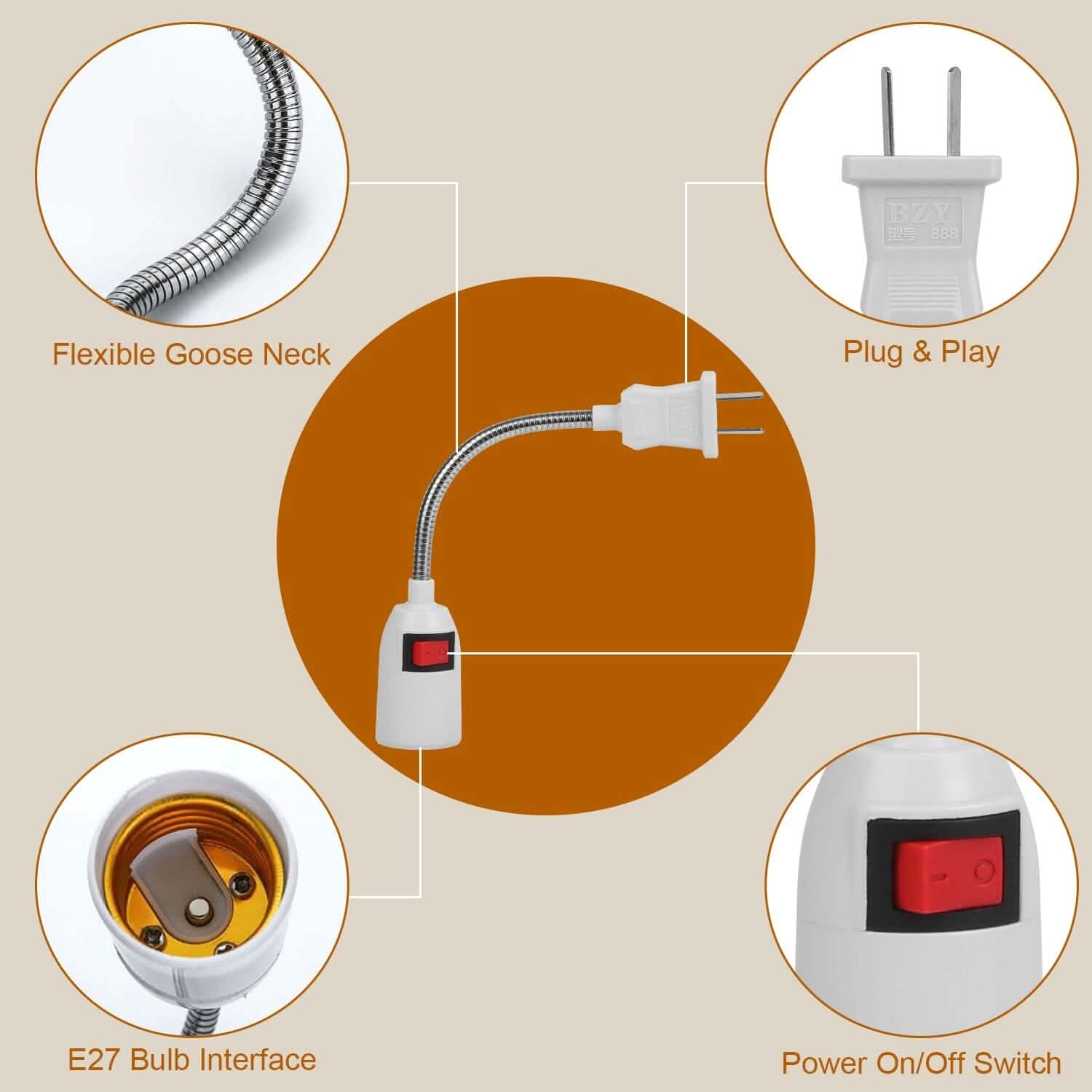 US Plug Extension Light Socket with On/Off Switch