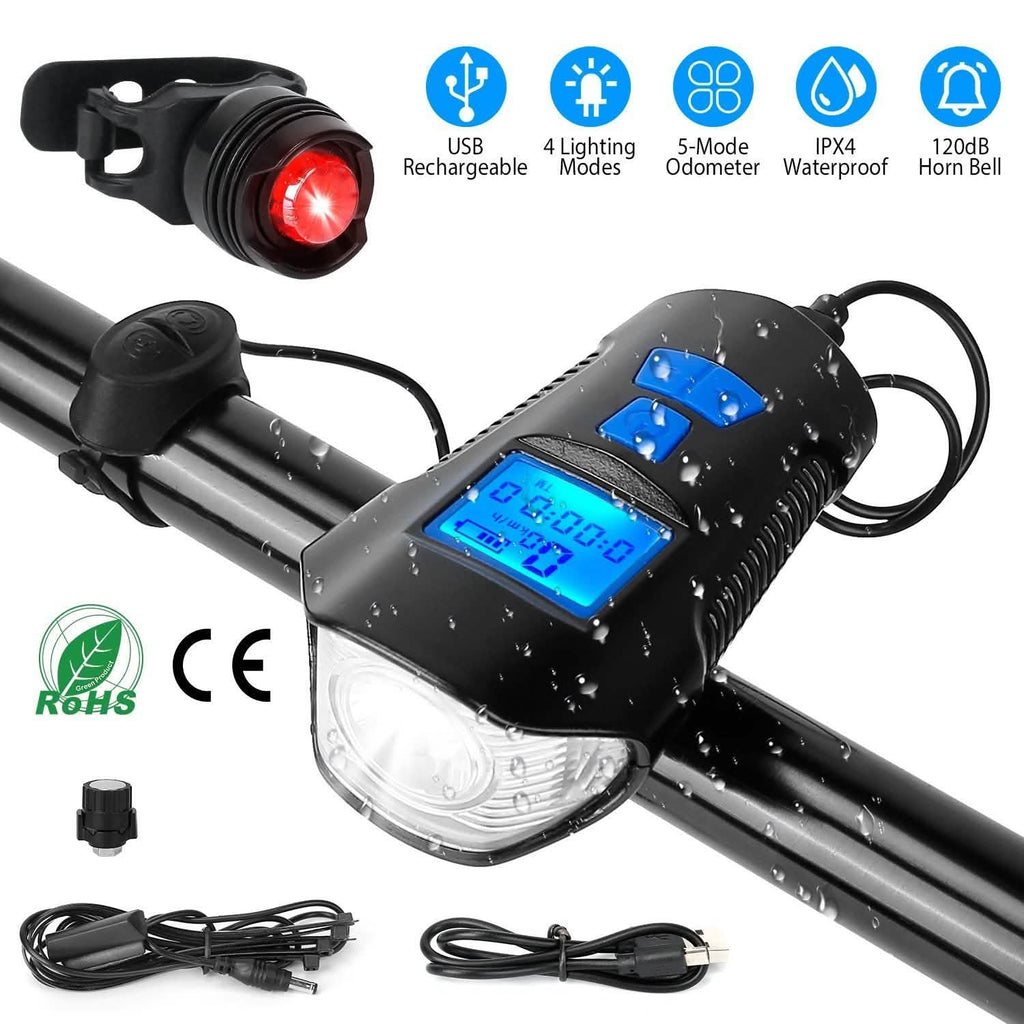 USB Rechargeable Bike Light Set with Speedometer and Odometer